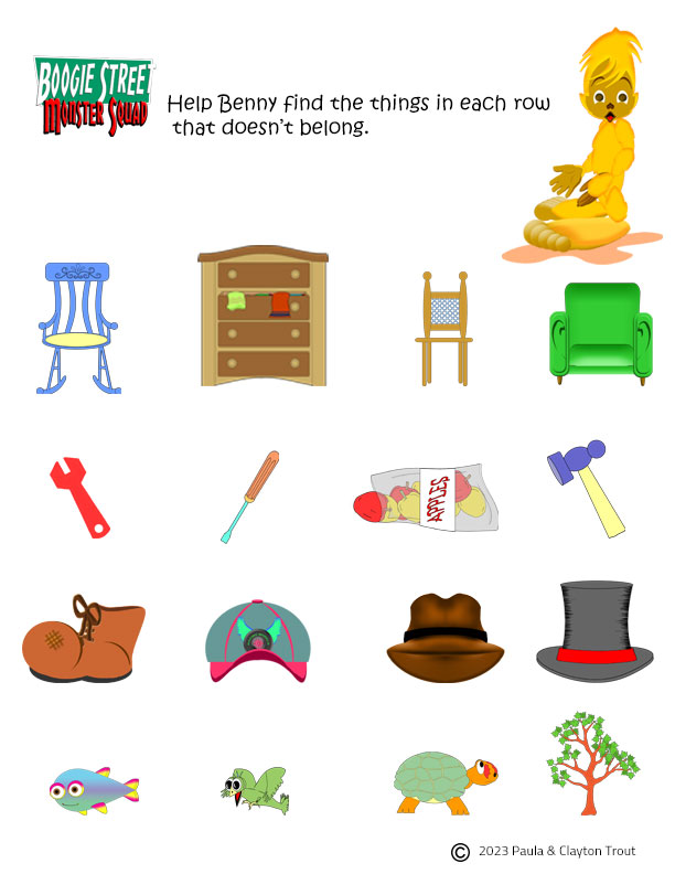 help benny fing the thing in each row that doesn't belong.